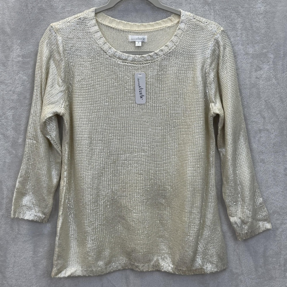 Charming Charlie Sweater Womens S Gold Metallic Pullover Long Sleeve Scoop Neck